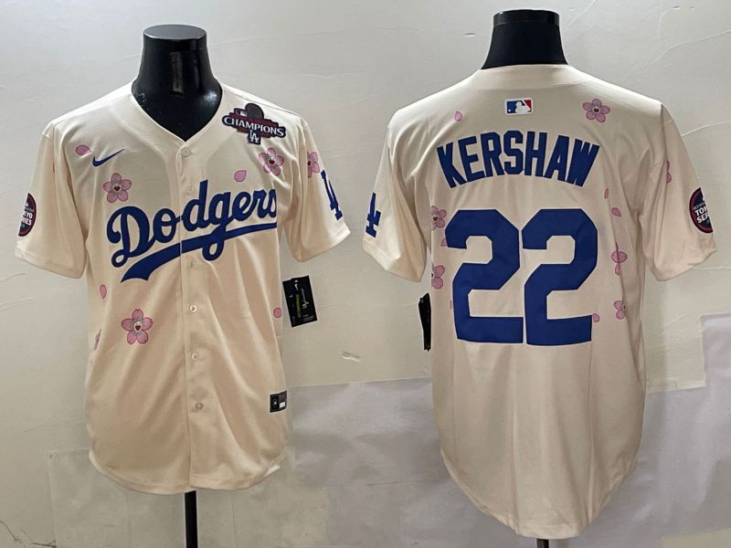 Men Los Angeles Dodgers #22 Kershaw Cream White Blue Sakura Edition 2025 Nike MLB Jersey style 9->los angeles dodgers->MLB Jersey